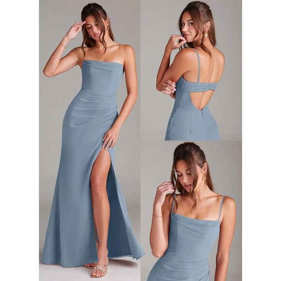 Azazie Leonis Dusty Blue Sheath Strapless Chiffon removeable strap evening gown - Picture 1 of 11